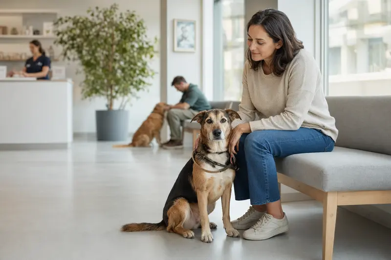Perro-Gocho-Hund sitzt ruhig neben seinem Besitzer im hellen Wartezimmer einer modernen Tierarztpraxis.